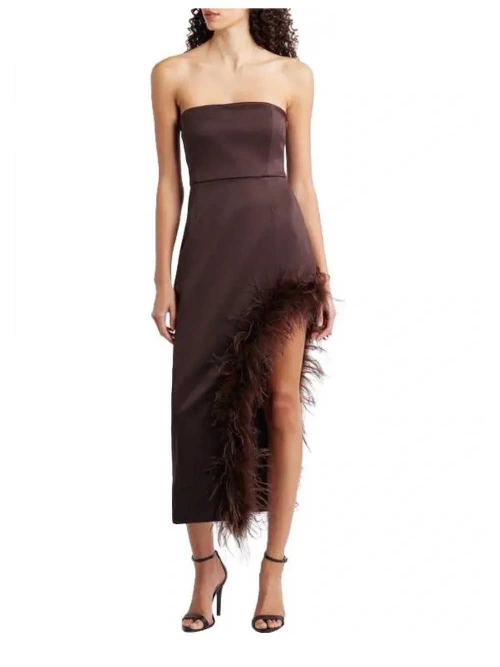 Strapless Satin Evening Gown in Dark Brown with Feather Side Detail